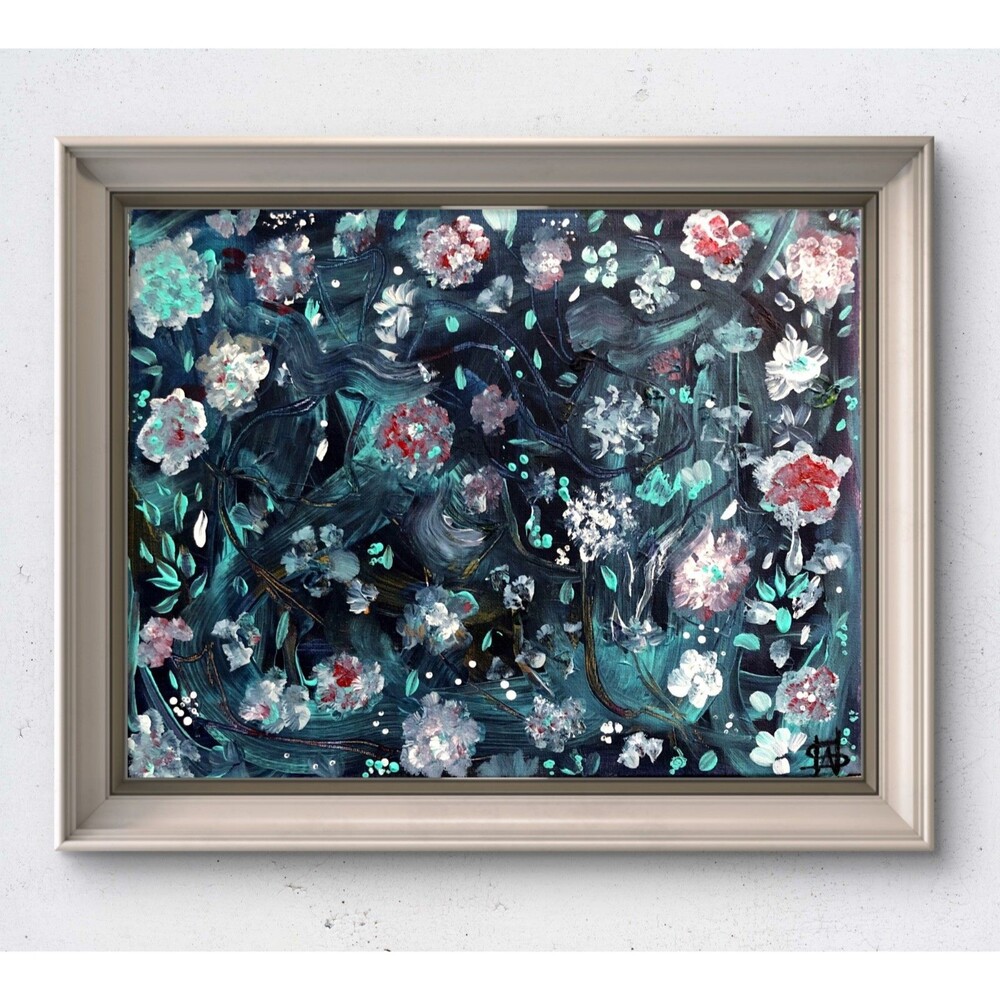 WS original night flowers hand painted 14X11 canvas acrylic abstract modern art